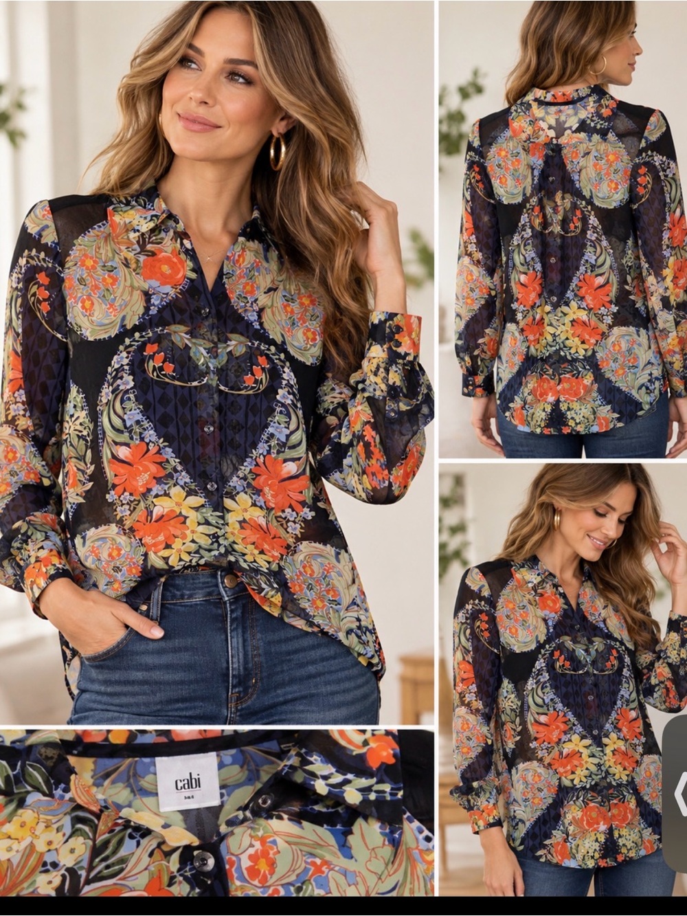 CAbi Amour Floral Print Blouse Women S Top Multicolor Semi Sheer Boho
